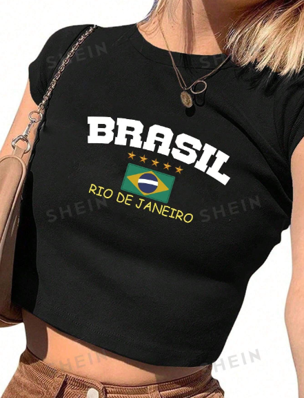 SHEIN EZwear Star & Letter Print Round Neck Short T-Shirt, Casual Short Sleeve Tee, Spring/Summer, Women's Clothing