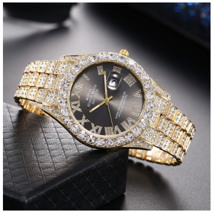 new rhinestone starry hip hop men's watch magnifying glass calendar full diamond roman scale alloy steel band watch men F2