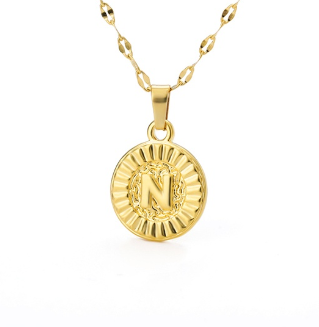 Maxzone A-Z Initial Round Letter Pendant Necklace For Women Stainless Steel Gold Choker Coin Letter Necklace N