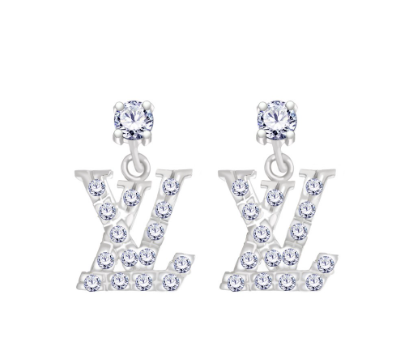 Italy Sterling Silver LV Stud Stone Dangling Earrings