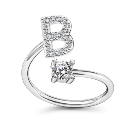 Simple Rhinestone 26 Letter Rings For Women Sliver Color Initials Adjustable Ring Opening Finger Accessories Wedding Jewelry B