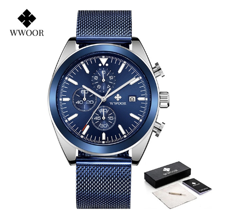 Wwoor New Fashion Men Watches Top Brand Luxury Blue Chronograph Full Steel Waterproof Quartz Sports Watch BLUE SILVER COMBINATION