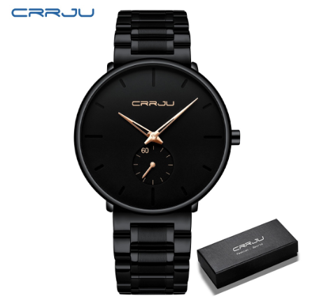 CRRJU Men's Fashion Black Stainless Steel Wrist Watch Waterproof Business Dress Watch for Men 2150S M19