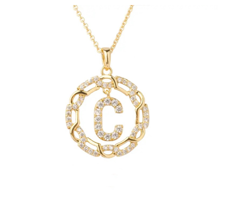 YH 18K Thai gold plated lnitials Pendant A-Z Letter Necklace For Women （3lengths Free Adjustment）C