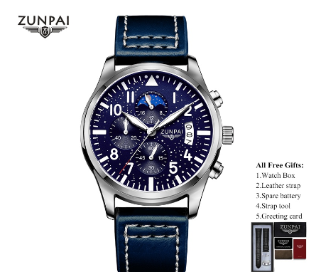 WISHDOIT Watch for Men Original Waterproof Leather Strap Business Sun Moon Star Multifunction Calendar Luminous Fashion Trend Watch SILVER BLUE