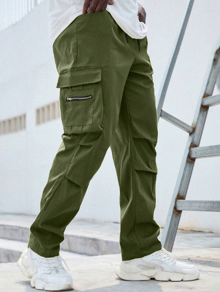 Manfinity LEGND Men's Plus Size Solid Color Wrinkle-design Zipper & Drawstring Waist Cargo Pants