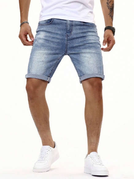 Manfinity Men Rolled Hem Washed Denim Shorts