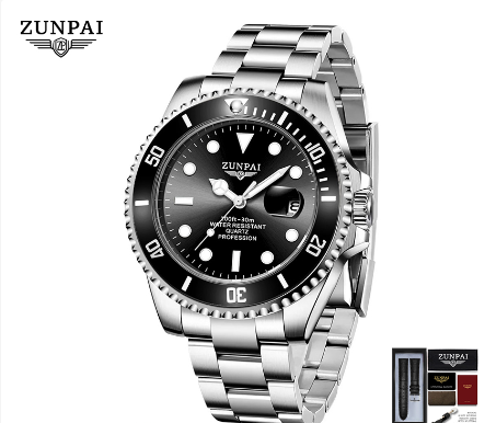 ZUNPAI Watch for Men Original Waterproof Stainless Steel Silver Gold Fashion Business Trend Calendar Luminous Watch  SILVER BLACK