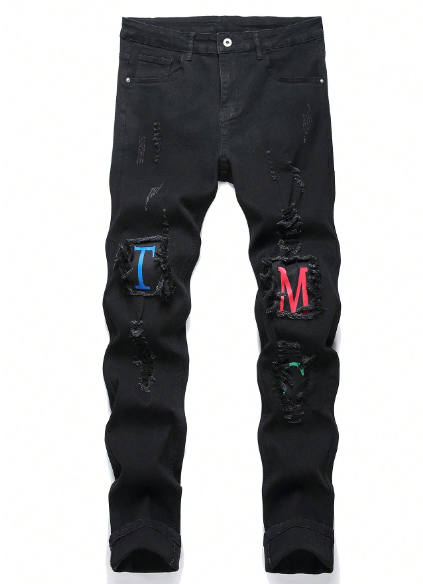 Manfinity LEGND Men'S Denim Pants With Letter Print And Frayed Edges