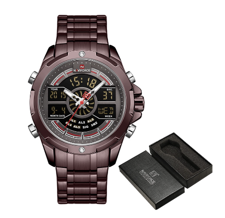 Naviforce Men's Luxury Gold Digital Chronograph Military Sport Quartz Stainless Steel Waterproof Alarm WristWatch COFFEE