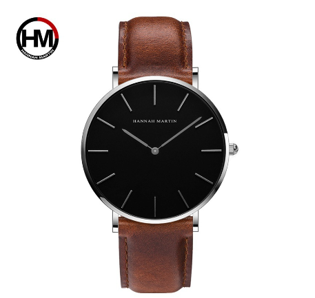 Hannah Martin Casual Watch Men Sports Quartz Wristwatch Waterproof Leather Wrist Watch BROWN SILVER BLACK