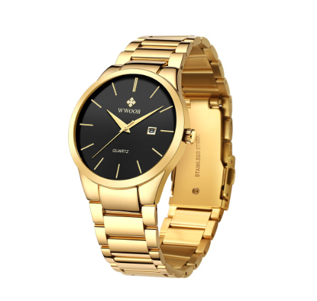 Wwoor Men Watches Waterproof Quartz Analog Business Watch Stainless Steel Casual Simple Watch BLACK DIAL GOLD CASE STRAP