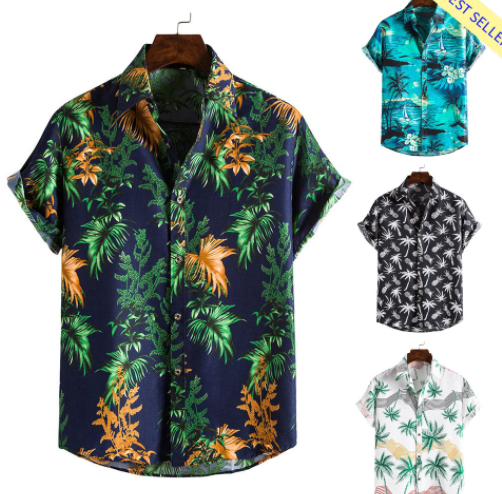Turn Down Collar Short Sleeve Men Shirt Buttons Down Summer Coconut Tree Print Hawaiian Shirt For Travel