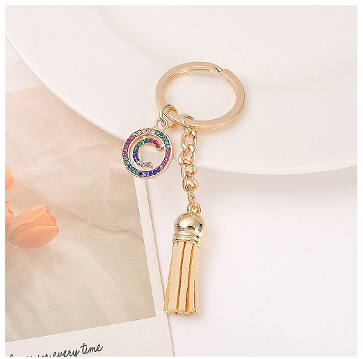 Mini Colorful Rhinestone A-Z Letter Keychains Trendy Tassel 26 Initials Metal Keyring Bag Charms Pendant Key Holder Accessories C