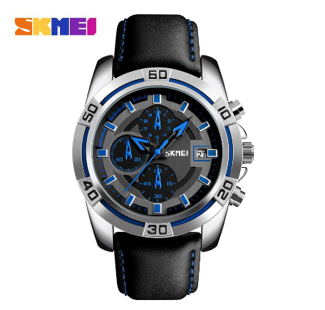 Skmei 9156 Watch for Men Fashion Sports Quartz Clock Soft Real Leather Chronograph Waterproof Wristwatch BLUE