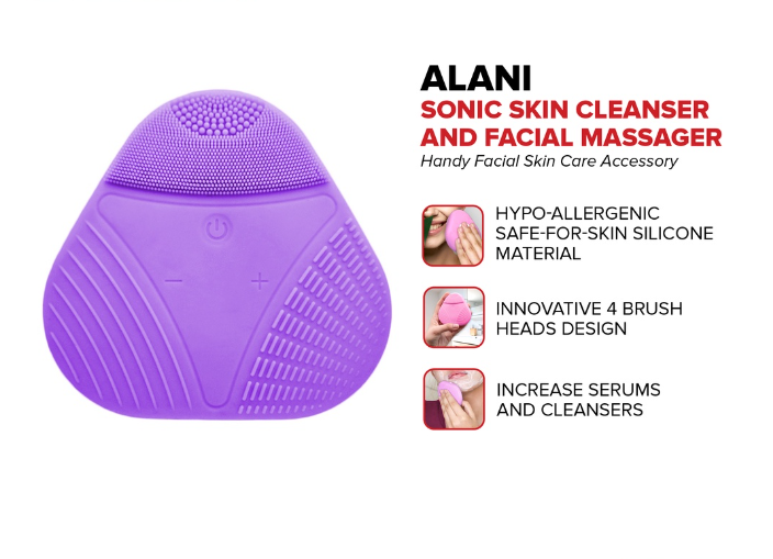 Alani Waterproof Electric Silicone Sonic Vibration Facial Brush and Massager 4 Heads
