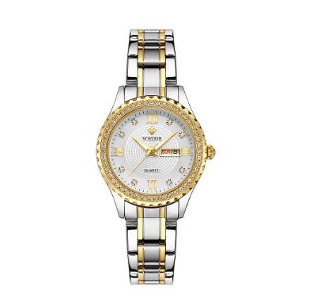 Wwoor Luxury Women Watches Waterproof Quartz Wristwatch Analog Clock Stainless Steel Strap Ladies Watch  WHITE DIAL TWO TONE