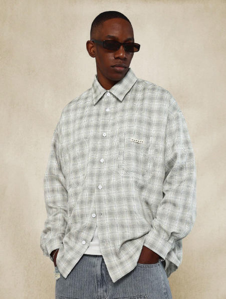 SUMWON Oversized Fit Checked Shirt With Ripped Pocket Detail & Curve Hem