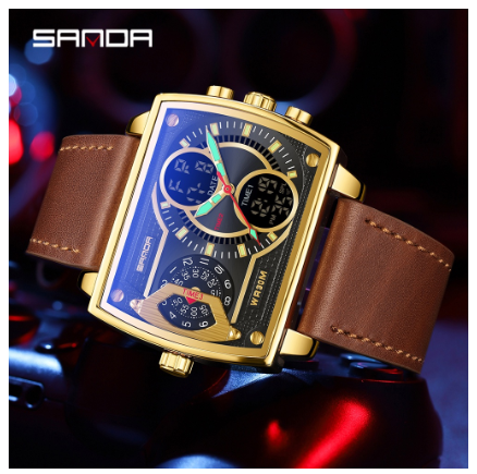 Sanda Multi-function Three Time Zone Luminous Digital LED Display Watch Successful Men Will Burst Out Charm Quartz Watch COFFEE GOLD