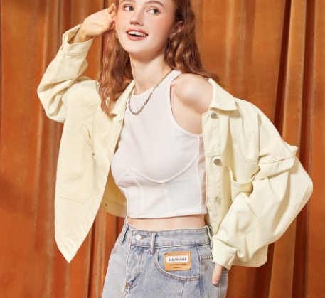 Casual Plain Collar Long Sleeve Pocket Women Denim Jacket (Off White)