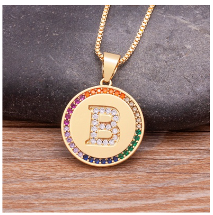 New Arrival Luxury A-Z Initial 26 Letters Pendant Charm Chain Necklaces High Quality Zircon Rainbow Jewelry B