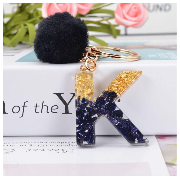 Lanfy Black Pompom Letter Keychain 26 Letter Initials Alphabet A To Z 26 Alphabet Keyring Cute A To Z 26 Black Pompom Resin Birthday Gifts K