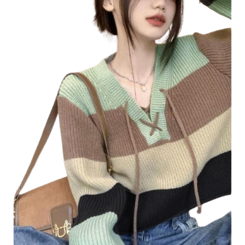 Lovito Women Casual Striped Colorblock Sweater LNA39210 (Green)