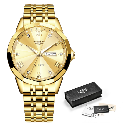 LIGE Steel Watch For Men Classics Design Full Calendar Chronograph Relo Couple Waterproof Business Wristwatch ALL GOLD
