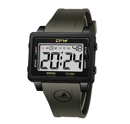 TPW Super Easy to Read Scratch Proof Case 5ATM Water Resistant Digital Watch GRAY