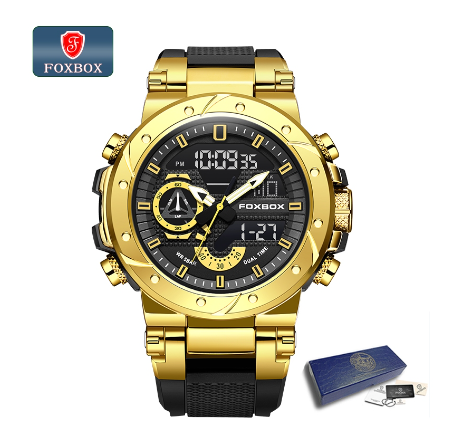 FOXBOX Fashion Digital Watch Men Dial Dual Display Outdoors Waterproof Sport Luminous Silicone Watch GOLD