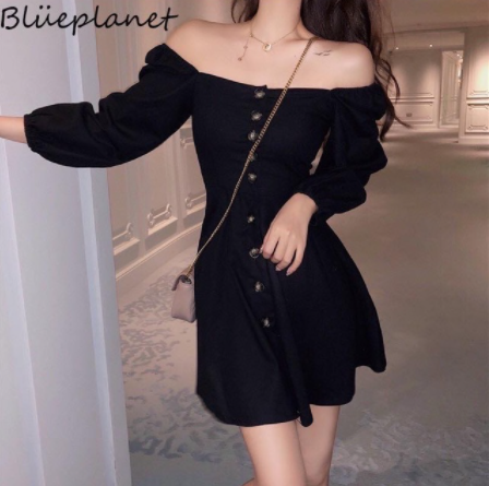 Fashion Off shoulder Botton Dress Long Sleeve