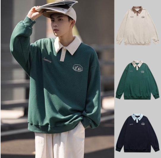 Men Long Sleeve Polo Loose Tops Oversized Shirt For Men Polo Unisex Retro Korean T-shirt