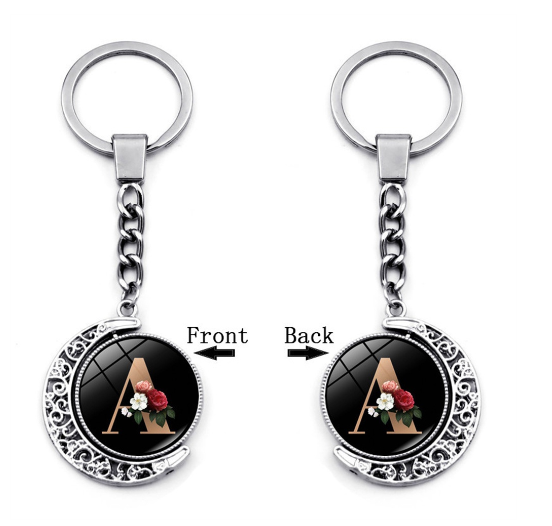 1PC Exquisite 26 Letter Glass Keychains Double Sides Moon Flower A-Z Initials Keyrings Handbag Charms Ornaments Gifts A
