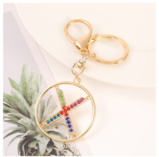 Colorful Rhinestone A-Z Letter Keychain Hollow Round Initials Alloy Keyring Bag Pendant Ornament DIY Accessories Charms Gift X