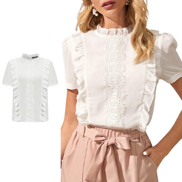 Lovito Women Elegant Plain Fabric Stitching Ruffle Blouse L80ED016