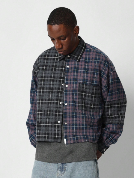 SUMWON Crop Fit Checkered Colour Blocked Shirt