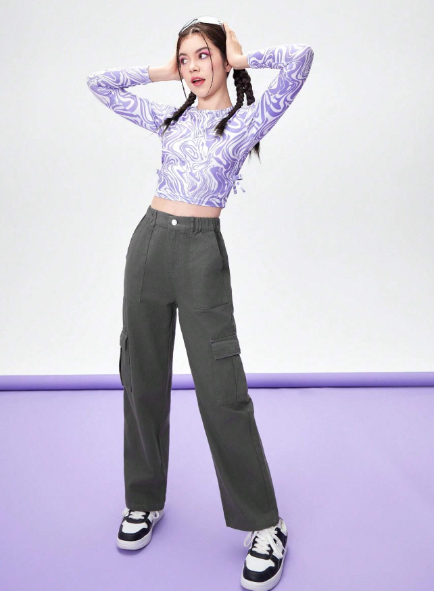 Teen Girl Street Casual Comfortable Short Top And Long Sleeve Shirt With Loose Pocket Cargo Pants 2-Piece Set