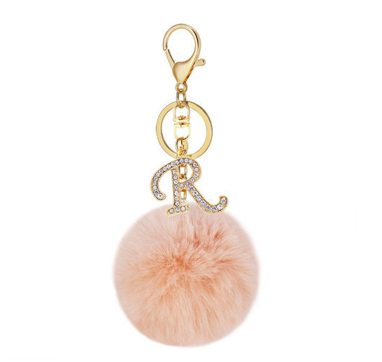 New 26 Letter Rhinestone Alloy Keychain Charm Girls Pink Pompom Key Ring Car Key Holder Women Bag Ornaments Accessories R