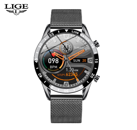LIGE Smart Watch Men Bluetooth Call Watch IP67 Waterproof Sports Fitness Watch For Android IOS Smart Watch MESH BELT BLACK
