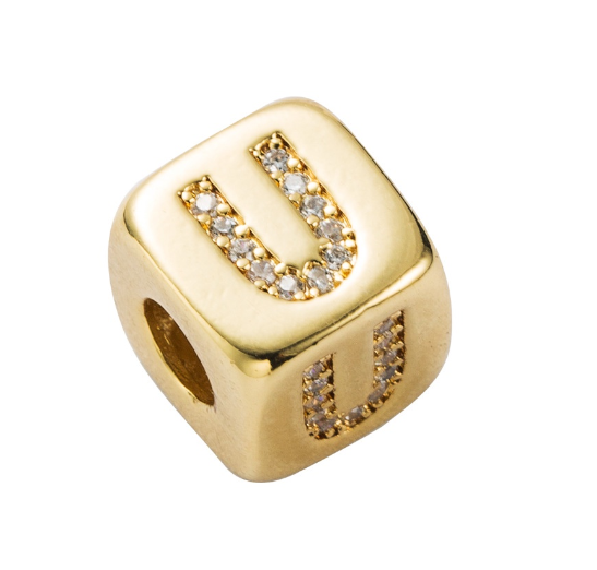 Gold Rhinestone Letters Cube Charm for Bracelet Necklace A-Z Alphabet Dice Beads U