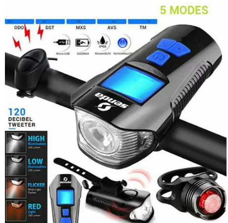 4IN1 LED Bike Light Waterproof Bicycle Front Lamp Headlight & Backlight with Speedometer Sounds Horn