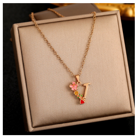 26 Letter Gold Pendant Necklace Dropped Oil Flower Animal Letter Necklace Fashion Men's and Women's Gift Wholesale V