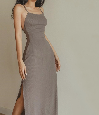 Summer Women Backless Sleeveless Split Long Cotton Rib Dress