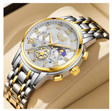 LIGE Business Waterproof Watch Men Fashion Military Quartz Stainless Luxury Sports Full Calendar Chronograph Watch GOLD WHITE