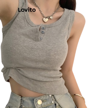 Lovito Women Button Tank Top LNA29365 (Grey)