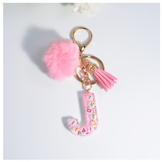 Exquisite Pink A-Z Letter Resin Keychain With Hairball 26 Initials Keyring Charms Women Bag Ornament Best Festival Gift J