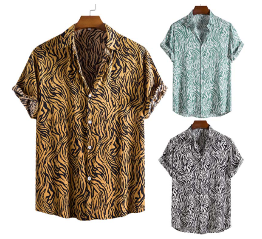 Men's Casual Leopard Striped Printed Short Sleeve Shirt Loose Button Up Collar Street Polo Shirt Viscose Plus Size