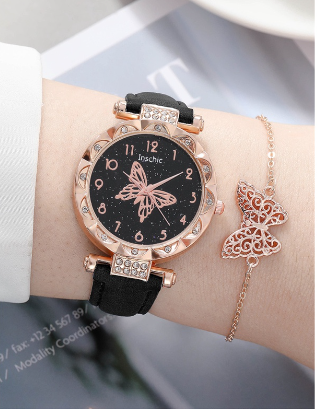Original Waterproof Butterfly Black Leather Strap Watch for Women
