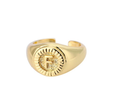Maxzone Vintage Initial Letter Signet Rings For Women Stainless Steel Ring Round Opening Gold Letter Ring Aesthetic Wedding Jewelry Gift F