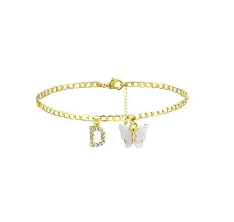 Fation Dainty Butterfly Initial Ankle Bracelets Handmade Cuban Chain White Butterfly A-Z Alphabet Letter Initial Anklets Summer Beach D
